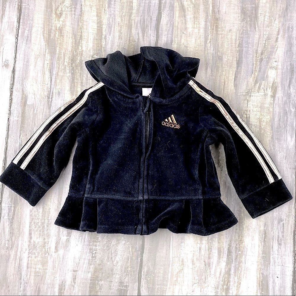 Adidas Baby Velour Zip Front Peplum Hoodie Jacket Black Gold Three Stripe 6M